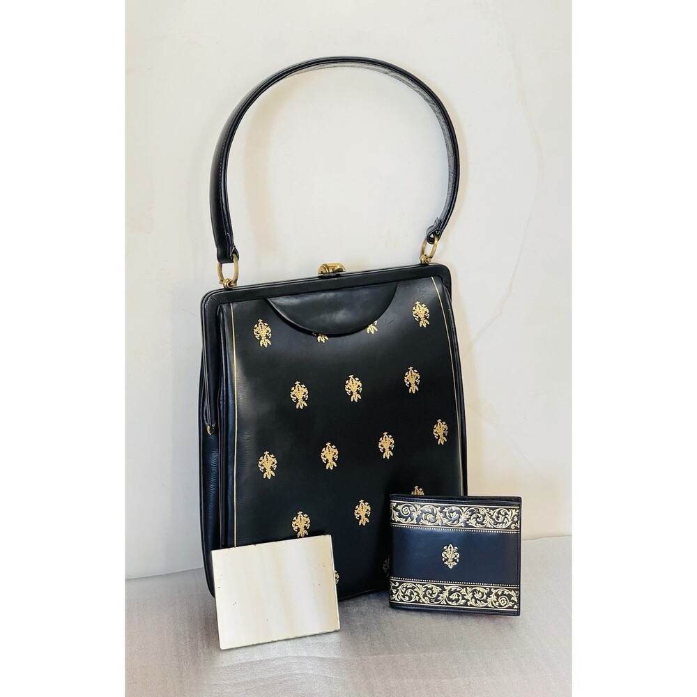 Black Leather Top Handle bag Gold Fleur-de-Lis Patten Frame Purse Wallet Set VTG